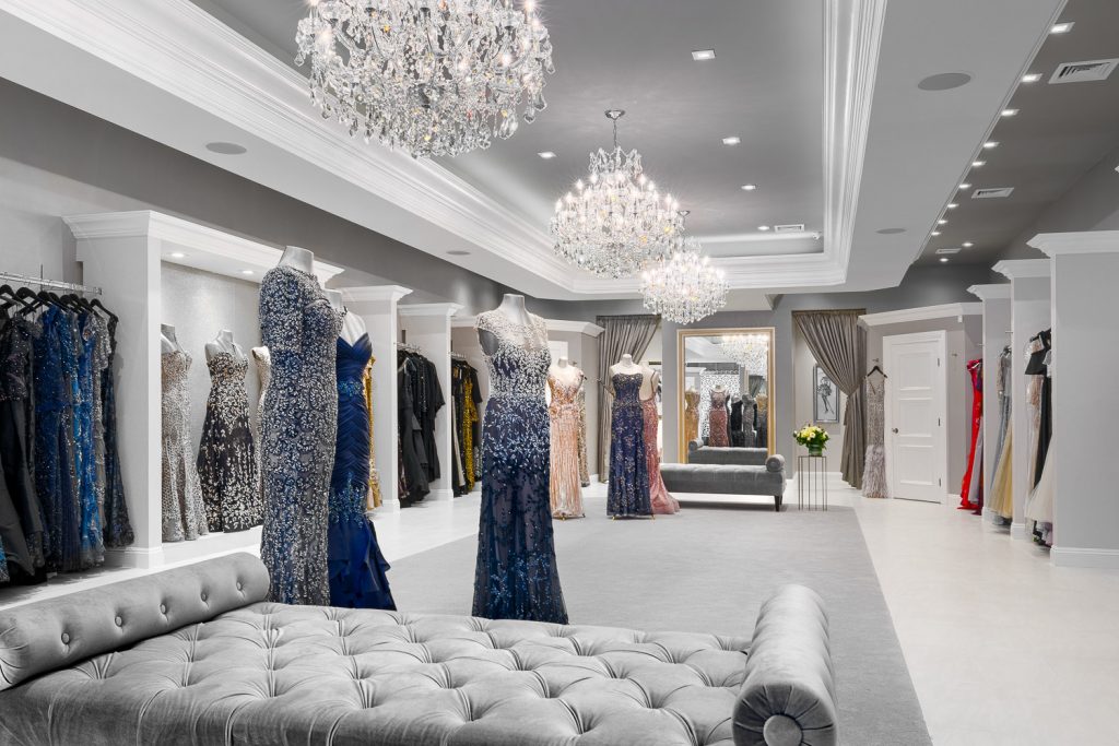 Dress shop with dresses and fitting rooms